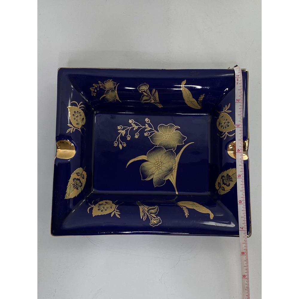 Cobalt Blue and Gold Floral Cigar Ashtray Rectangle Decorative 7.3/4 X 6.5 - Picture 3 of 5